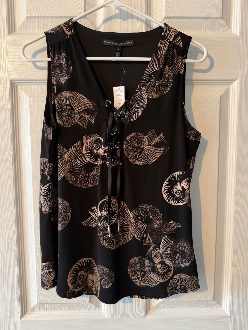 White House Black Market Lace-Up Top - Black with Cream Nautilus Print